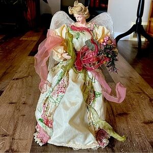 Vintage Ceramic Angel Christmas Tree Topper or Deco, Deep Green and Wine Red